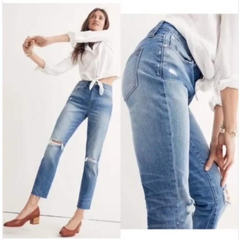Madewell The High-Rise Slim Boyjean Distressed Denim Blue Jeans 27P
